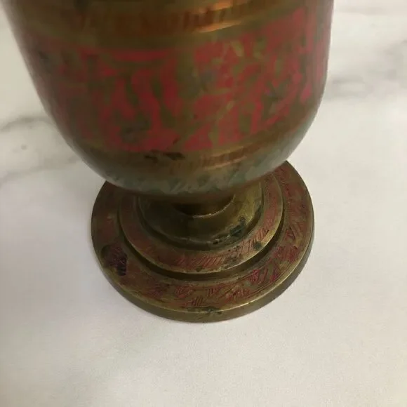 Vintage Etched Enamel Brass Footed Urn/Vase Red and Green Floral - Picture 2 of 10